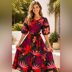 Vibrant Floral Maxi Dress with Puff Sleeves